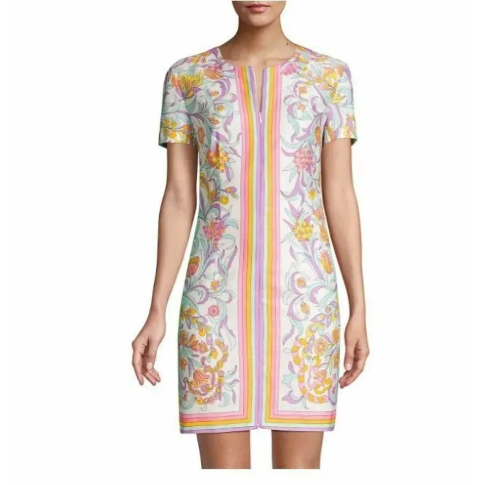 Trina Turk Womens Arboretum Zip Dress Sz 8 Shift Mini MultiColor Floral NWT